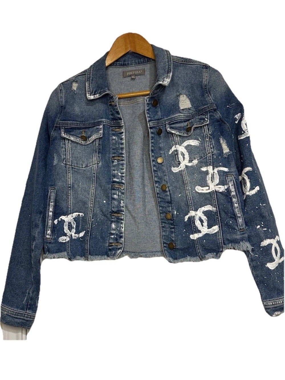 Just USA Distressed Jean Jacket Hand Painted Boutique NWT Sz L Wearable Art - Picture 5 of 13